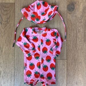 Hanna Andersson Pink Strawberry Bathing suit and bucket hat